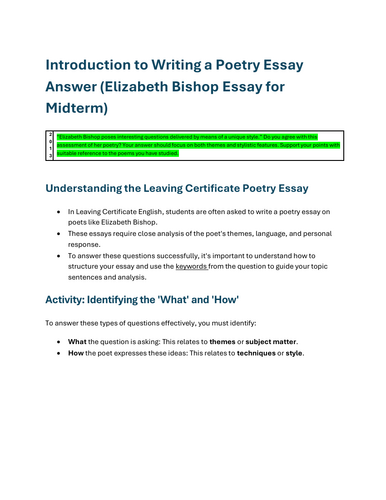 Elizabeth Bishop Essay Planner + Sample Essay