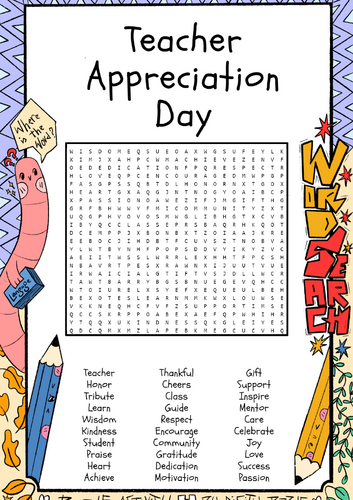 Teacher Appreciation Day word search puzzle worksheet activity