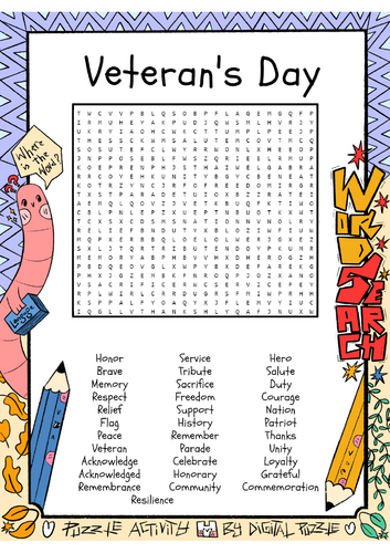 Veteran's Day word search puzzle worksheet activity