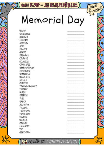 Memorial Day word scramble puzzle worksheet activity