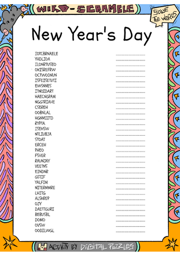 New Year's Day word scramble puzzle worksheet activity