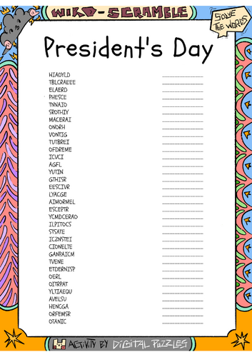 President's Day word scramble puzzle worksheet activity