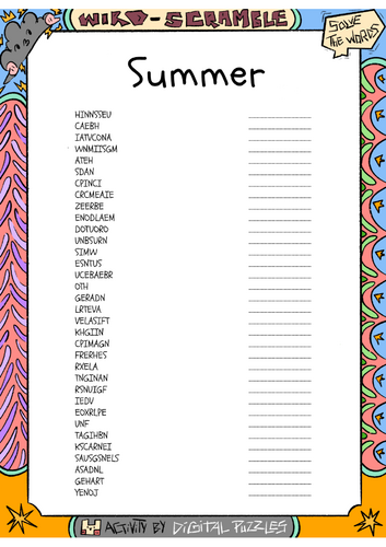 Summer word scramble puzzle worksheet activity