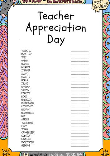 Teacher Appreciation Day word scramble puzzle worksheet activity