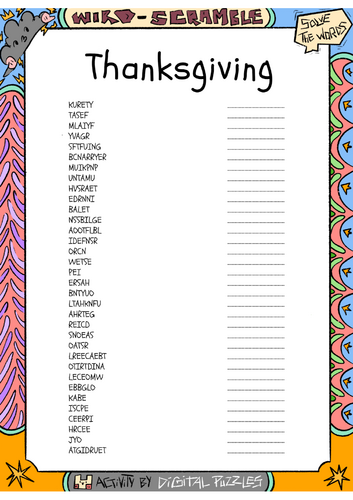 Thanksgiving word scramble puzzle worksheet activity