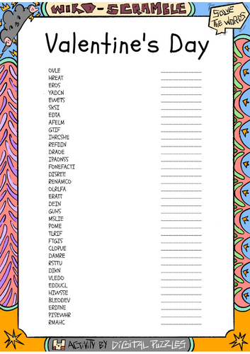 Valentine's Day word scramble puzzle worksheet activity