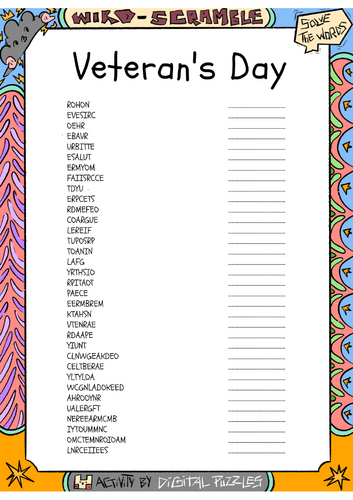 Veteran's Day word scramble puzzle worksheet activity