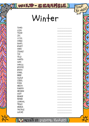 Winter word scramble puzzle worksheet activity