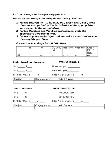 E-I Stem change verbs super easy practice