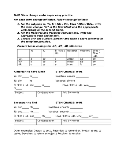 O-UE Stem change verbs super easy practice