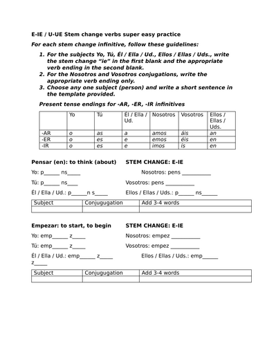 E-IE / U-UE Stem change verbs super easy practice