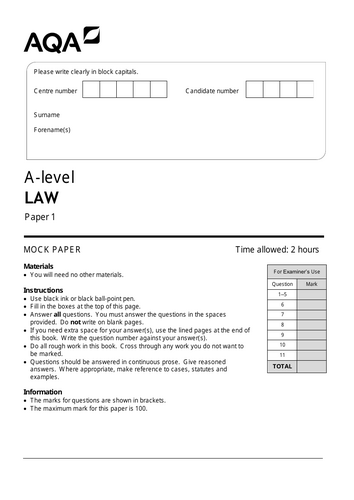 Mock Exam for A-Level Law Paper 1: Crime