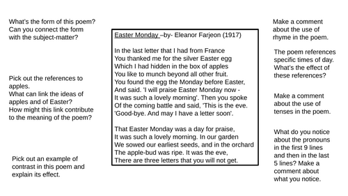 "Easter Monday" War Poetry Eleanor Farjeon Pre Reading HW Revision