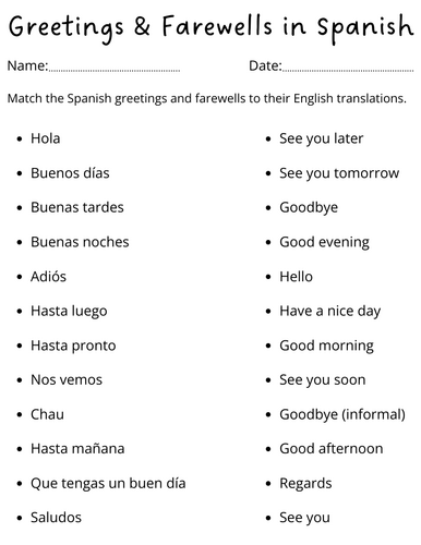 Printable spanish greetings and goodbyes worksheet