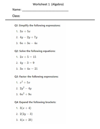 Worksheets  from 1 to 10 (Algebra) Questions and Solutions