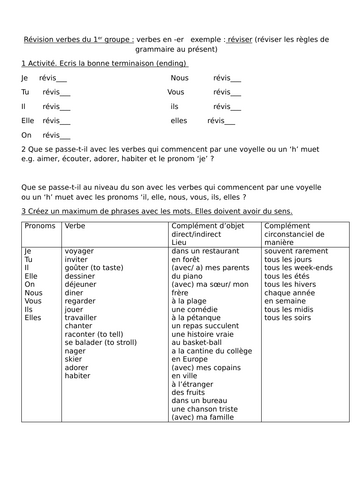 Verbes -er et -ir exercices et pratique