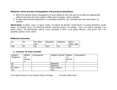 Reflexive verbs practice (Conjugation and personal questions)