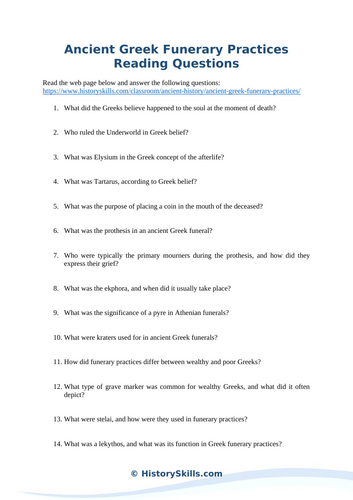 Ancient Greek Funerary and Burial Practices Reading Questions Worksheet