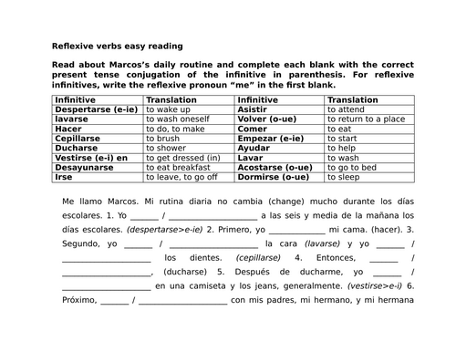 Reflexive verbs easy reading (Spanish)