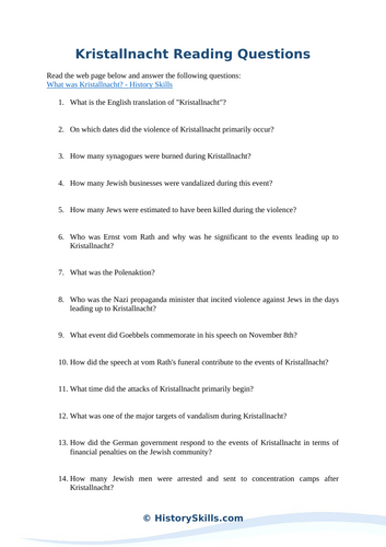 Kristallnacht Reading Questions Worksheet