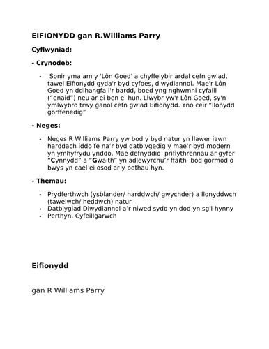 Nodiadau Adolygu Cymraeg Llenyddiaeth TGAU (iaith gyntaf) "Eifionydd"