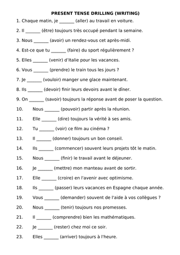 Irregular present tense drilling worksheet (GCSE/ A-level)