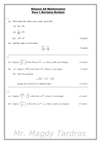 PURE 1 IAL Mathematics Exam revision with Answeres