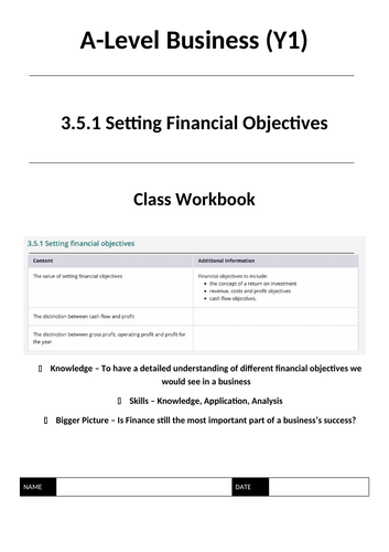 AQA A Level Business Unit 5 Finance Complete Resources