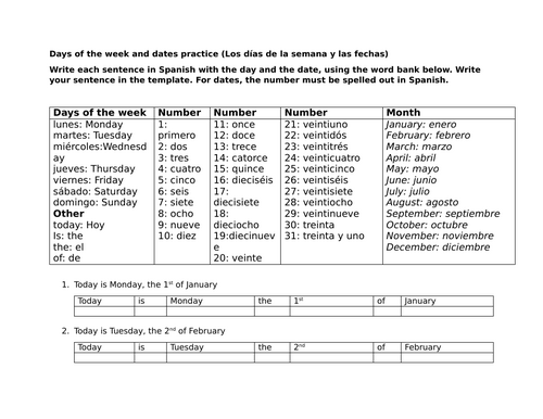 Days of the week and dates practice (Los días de la semana y las fechas)