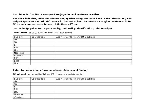 Ser, Estar, Ir, Dar, Ver, Hacer quick conjugation and sentence practice