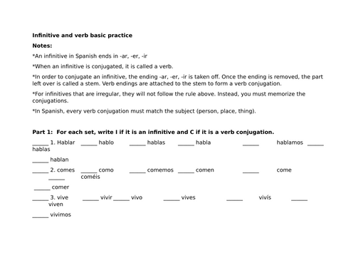 Infinitive and verb basic practice (Spanish)