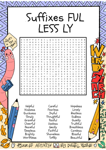 Suffixes FUL LESS LY Word Search Puzzle Worksheet Activity