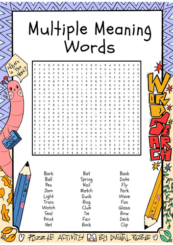 Multiple Meaning Words Word Search Puzzle Worksheet Activity