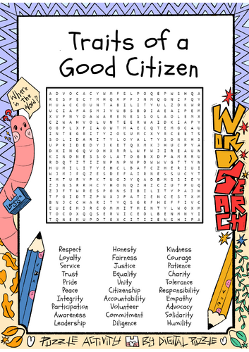 Traits of a Good Citizen Word Search Puzzle Worksheet Activity