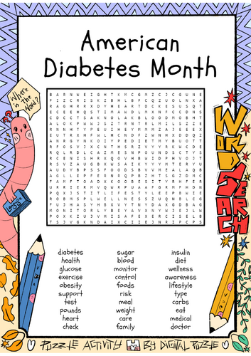 American Diabetes Month Word Search Puzzle Worksheet Activity