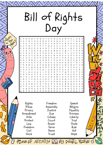 Bill of Rights Day Word Search Puzzle Worksheet Activity