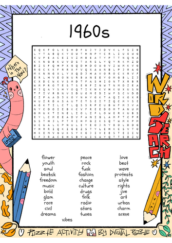 1960s Word Search Puzzle Worksheet Activity