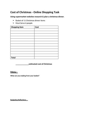 Cost of Christmas Dinner: Budget-Friendly Online Shopping Task for Students Ks3 Ks4 Ks5