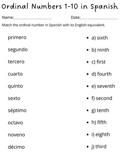 Ordinal Numbers 1-10 in Spanish worksheet for kids