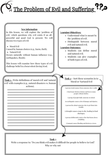 The Problem of Evil - Standalone introduction worksheet - Perfect for cover