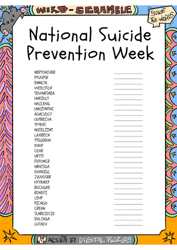 National Suicide Prevention Week Word scramble Puzzle Worksheet Activity