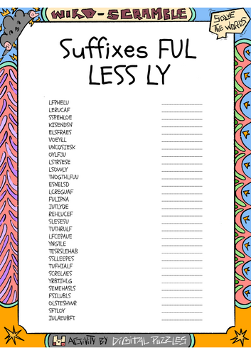 Suffixes FUL LESS LY Word scramble Puzzle Worksheet Activity