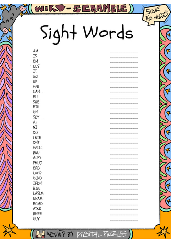 Sight Words Word scramble Puzzle Worksheet Activity