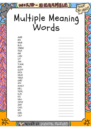 Multiple Meaning Words Word scramble Puzzle Worksheet Activity