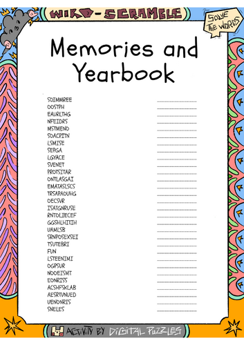 Memories and Yearbook Word scramble Puzzle Worksheet Activity