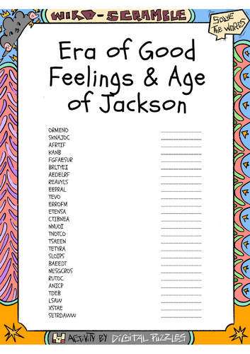 Era of Good Feelings and Age of Jackson Word scramble Puzzle Worksheet Activity