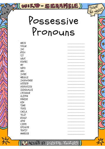 Possessive Pronouns Word scramble Puzzle Worksheet Activity