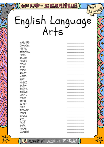 English Language Arts Word scramble Puzzle Worksheet Activity