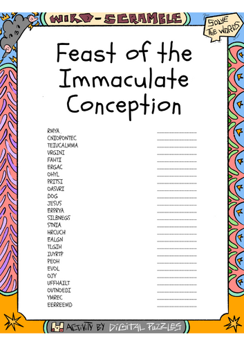 Feast of the Immaculate Conception Word scramble Puzzle Worksheet Activity