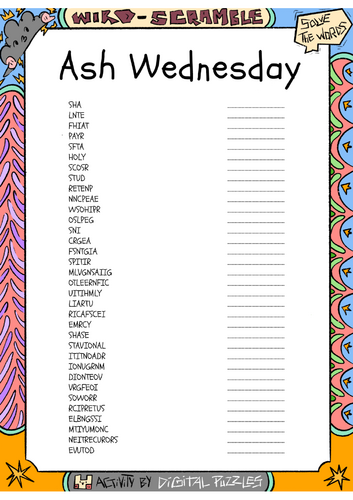 Ash Wednesday Word scramble Puzzle Worksheet Activity